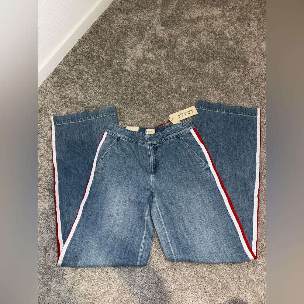 ALICE + OLIVIA Xnder Racing Stripe Wide Leg Jeans - Picture 5 of 11